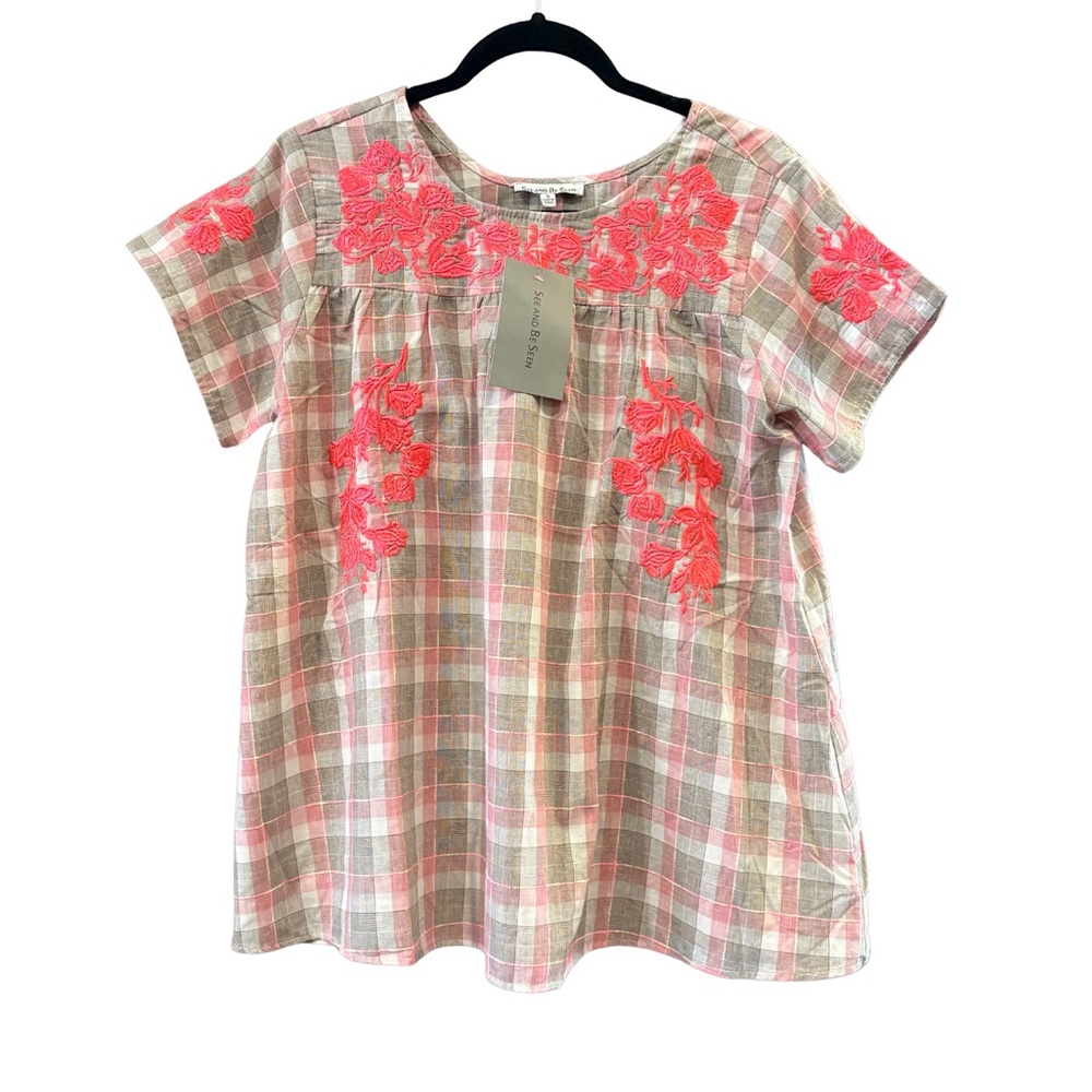 LAST ONE! See and Be Seen $48 NWT Coral Gingham Embroidered Floral Boho Top S